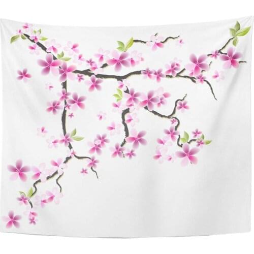 Red Blossom Green Leaf Oriental Cherry Branch with Flowers and Leaves 8 Pink Chinese Tree Home Decor Tapestry Wall Hanging