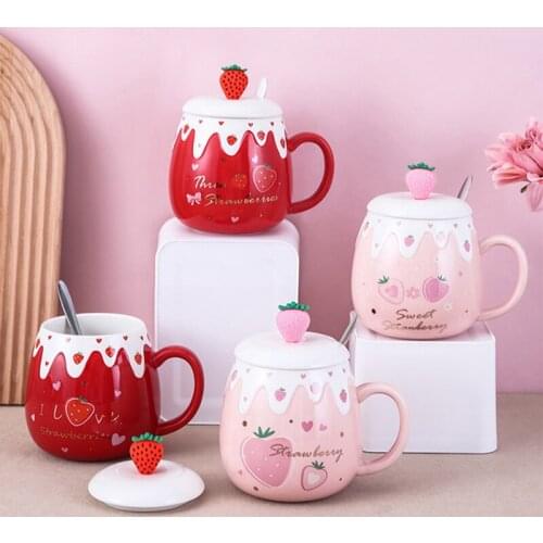 450ml Ceramic Cute Strawberry Coffee Mug with Lid Spoon Creative Student Porcelain Home Breakfast Milk Juice Water Cup Drinkware