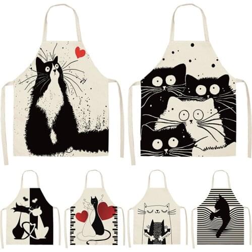 Cute Cat Printed Kitchen Cooking Baking Aprons Sleeveless Cotton Linen For Women Man Home Delantal Cocina baking accessories