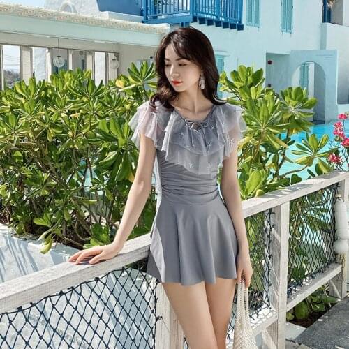 Swimming Costume Women Swimwear One-Piece Swimsuits Piece Swimsuit Sports Solid Female Covering Korean Ins Push Uping