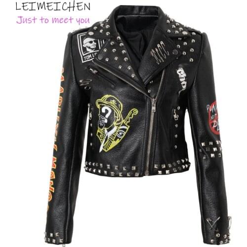 LEIMEICHEN Womens Slim PU Leather Jacket Graffiti print studded coat Motorcyclist Punk Short Jacket Leather Top
