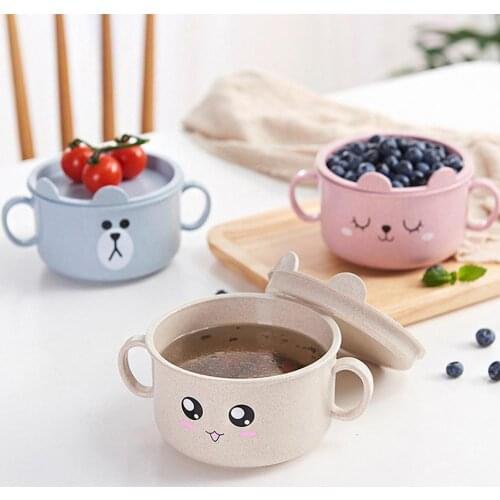 2 In 1 Cute Baby Feeding Bowl Cartoon Wheat Straw Flat Cover Bowl Children Food Container Infant Kids Childrens Tableware