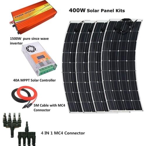 4pcs 100W Flexible Solar Panel Module with 1500w inverter and 40A MPPT controller Houseuse Complete 400W Solar System Kit