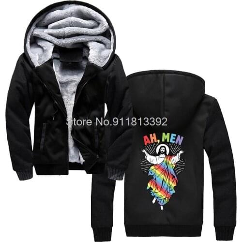 Ah Men Funny LGBT Gay Pride Jesus Rainbow Flag God Gift Hoodie Men Winter Thicken Keep Warm Hooded Hoodies Sweatshirt Streetwear