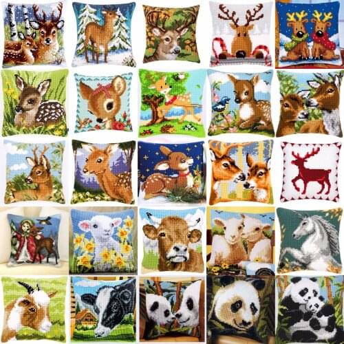 Animals 02 DIY Needlework Kit Acrylic Yarn Embroidery Pillow Tapestry Canvas Cushion Front Cross Stitch Pillowcase