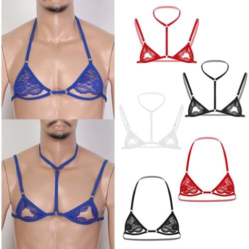 Mens Erotic Sissy Tanks Sheer Lace Lingerie Nightwear Halter Neck Spaghetti Straps Wire-free Unlined Mini Lace Bra Hole Tops