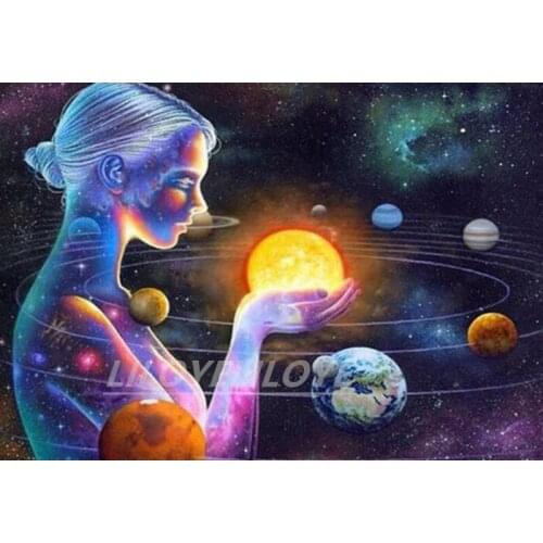 Full Square Mosaic 5D Diamond Embroidery Planet Girl Diamond Painting Universe Out Space Cross Stitch Rhinestones Decor FG1351