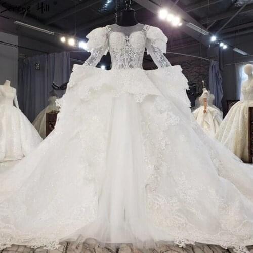 Ivory Long Sleeve Luxury Wedding Dresses 2020 Dubai Lace Sparkle Beading High-end Bridal Gowns HX0207 Custom Made