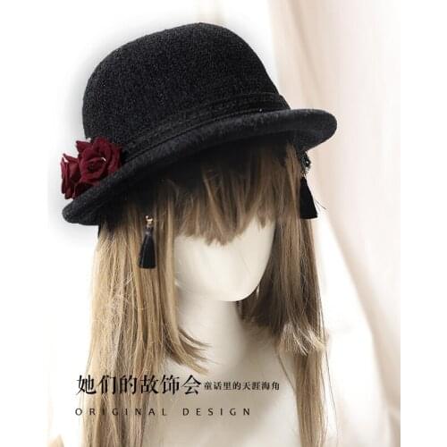 Rose Flower metal tassels Black Flowerpot cap Accessories bowler hat Autumn Retro Gothic Black Lace Red wine Beret hat and