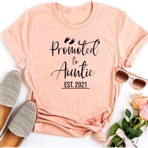 Promoted To Auntie Est 2021 Shirt Mothers Day New Aunt Shirts Baby Shower Tee Funny Pregnancy Reveal Tshirt Women Aesthetic