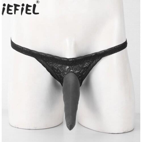 Men Floral Pattern Bulge Pouch Underwear See-through Lace Sexy Panties Low Waist Crotchless Underpants Open Butt Exotic Briefs