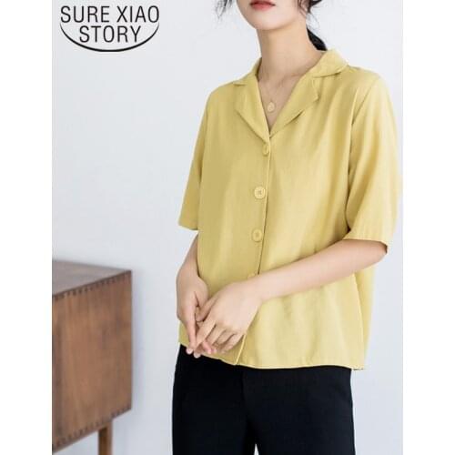 Summer Casual Ladies Clothing Fashion Regular Vintage Blouse Women 2021 White Solid Suit Collar Elegant Tops Button 5247 50