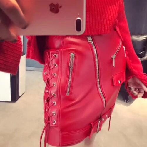 Women real leather skirt lady genuine sheep leather skirt