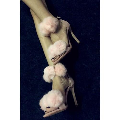 2021 Summer New Super High Heels Sandals Pink Rabbit Fur Ball Pink Womens Shoes Nightclub Catwalk Stage Shoes Large Size Sandal