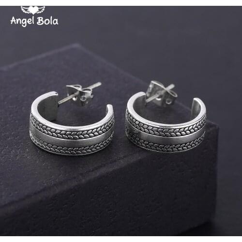 Ancient Silver color Geometric Oval Stud Earring Punk Craved Wheat Ears Buddha Earrings for Women Vintage Earring Brinco