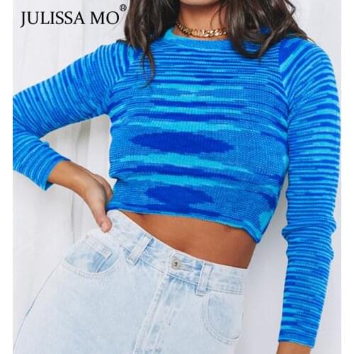 JULISSA MO Fashion Printed Kintted Sweater Crop Tops Women Autumn Winter Long Sleeve Casual Pullovers Femme Sexy Tops Streetwear