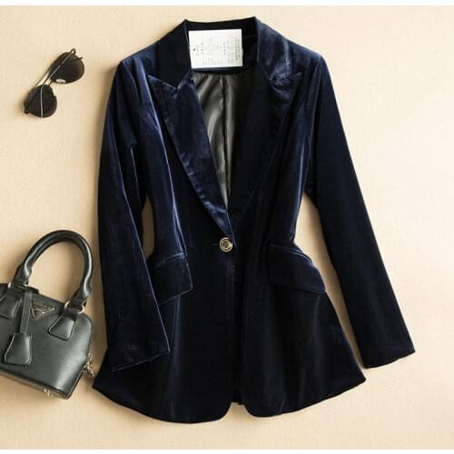 Simple Blue Velvet Blazer Women 2021 New Slim Fit Autumn And Winter Temperament High-End One-Button Ladies Suit Jacket zh557