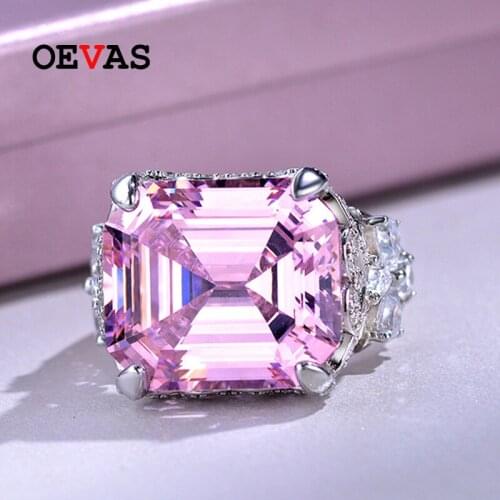 OEVAS 100% 925 Sterling Silver 14*16mm Pink High Carbon Diamond Rings For Women Sparkling Wedding Party Fine Jewelry Wholesale