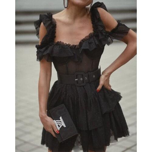 Ladies Dress Sexy Slim Sling Tube Top Mesh Gauze Hollow Layered Cake Skirt Robes De Cocktail Prom Black Un Vestido Con Tul