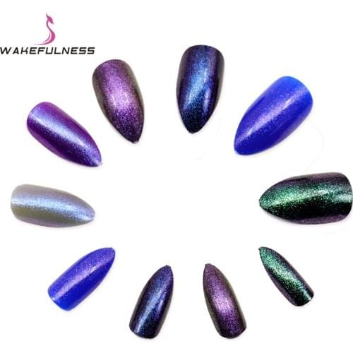 12Pcs Sexy Bling Fake Nails Full Cover Stiletto ABS Fake Nail Tips Metallic Art Manicure Finished manicure Nail Sticker
