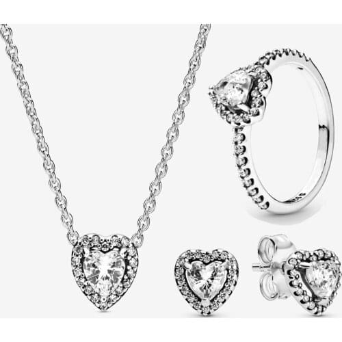 2020 New 925 Sterling Silver Elevated Heart Necklace Ring Stud Earrings 1 Set For Women Fashion Brand Wedding Party Jewelry