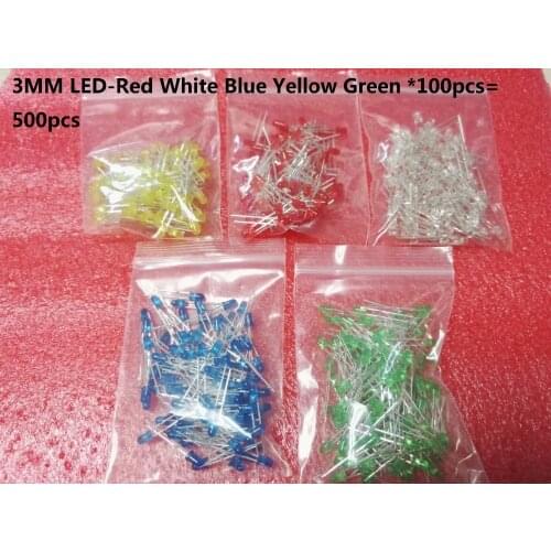 5 Colour*100pcs F3 F5 Led Kits Red Green Yellow Blue White 3MM LED 5MM Diode Kit Mixed Color kit 500pcs=5 value each 100pcs