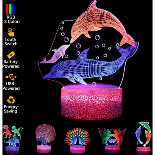 Acrylic 3D Peacock Dinosaur Union Dolphin Lamp USB/Battery Colorful Remote Touch LED Night Light Kids Gift Baby Sleeping Decor