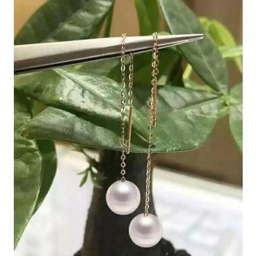 Noble jewelry NEW AAA 9-10mm Freshwater White round Drop Pearl Earring