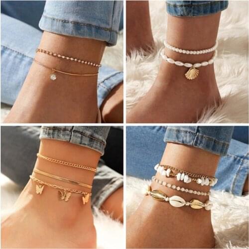 Summer Beach Boho Pearl Shell Anklets for Women Butterfly Crystal Ankle Bracelets Girls Barefoot on Leg Chain Jewelry Gift