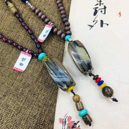 Zheru Natural Bodhi Multicolor Dzi Bead Pendant Paired with Multicolor Wood Bead Necklace Exquisite Men and Women Sweater Chain