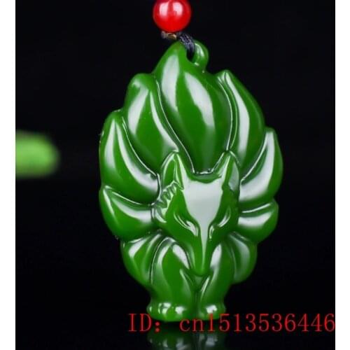 Natural Green Jade Lock Nine Tailed Fox Pendant Necklace Charm Jewellery Fashion Hand-Carved Man Luck Amulet Sweater Chain