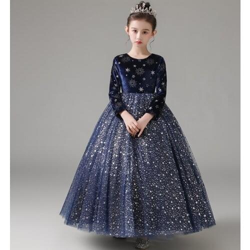 Flower Girl Dresses Illusion O-Neck Sequined Princess Floor-Length Tulle Lace Full Luxury Navy Blue Lovely Kids Party Gown H226