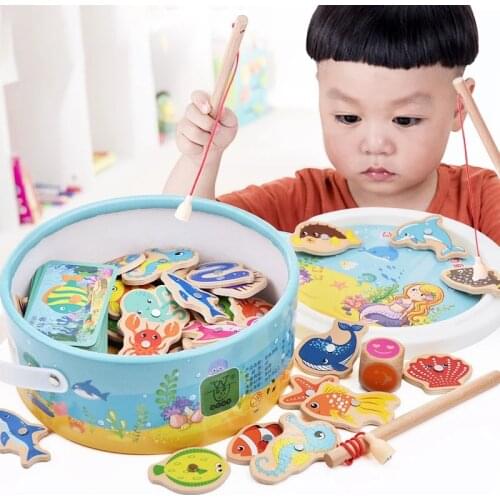 Hot Children Barreled Wooden Magnetic Fishing Game Toys Animal Cognition Card Educational Toy Fish Set Baby Gifts With Box