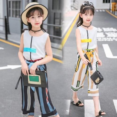 Cool Summer Girls Clothing Set O-neck Sleeveless Tshirt + Pants 2 Pieces Vintage Girls Chiffon Princess Costume Clothes Suit Set