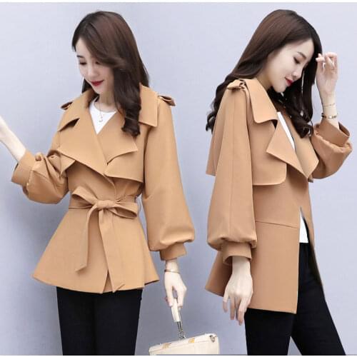 Women Jacket Spring Autumn New 2021Female Short Temperament Patchwork Lantern Long Sleeve belt All-match Thin Windbreaker C910