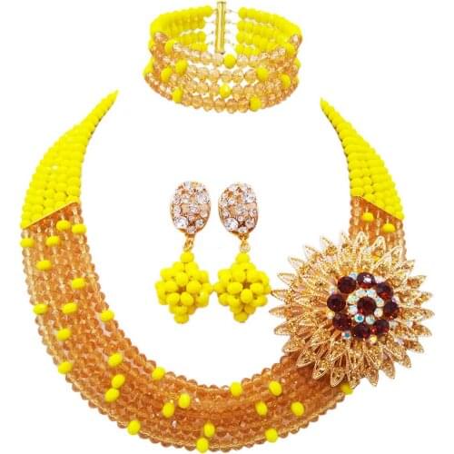 Fashion Opaque Yellow Champagne Gold Costume Statement Necklace Nigerian Wedding African Beads Jewelry Set Crystal 5L-ZJ028
