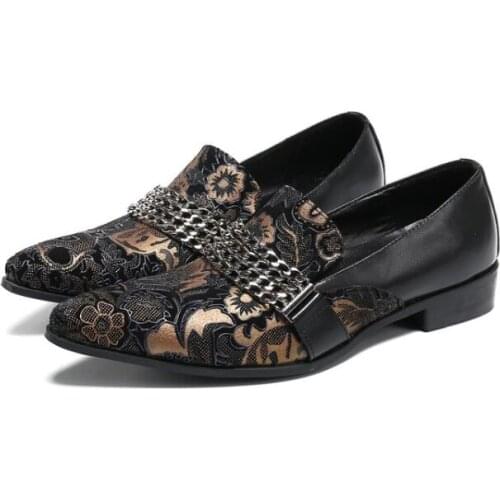 New Fashion Male Flower Print Matal Chain Party Wedding Handmade Loafers Italian Mens Dress Shoes Comfortable Breathable Men