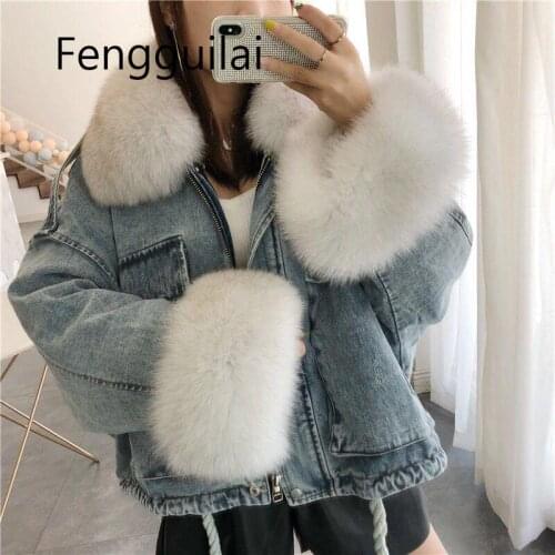 NEW Winter Velvet Thick Denim Jacket Female Big Fur Collar Korean Locomotive Lamb Coat Female Student Short Coat XXXL 4XL
