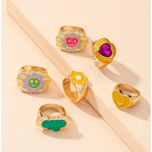 2021 New Happy Smiley Face Open Rings Resin Colourful Geometric Square Round Rings Set for Women Girls Jewelry Party Gold Gifts
