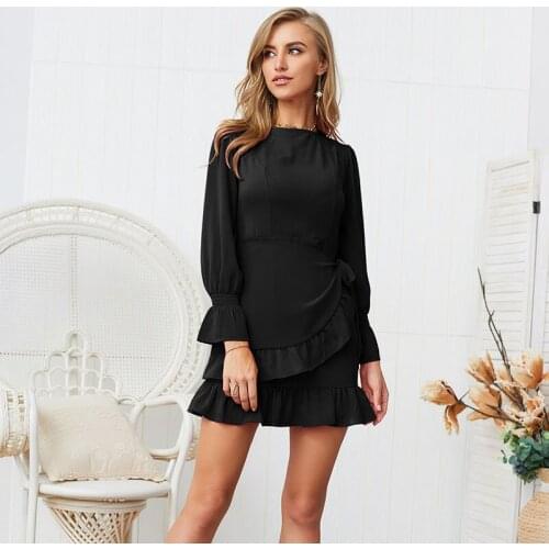 NORMOV Sexy Women Dress Patchwork O Neck Long Sleeve Bandage Zippers Ruffle Mini Dresses Solid Skinny Elegant Dress