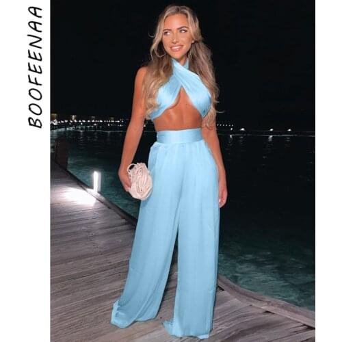 BOOFEENAA Sexy Two Piece Set Club Outfits for Women 2021 Party Clubwear Solid Satin Palazzo Pants Halter Crop Top C70-EE26
