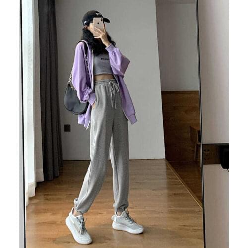 Gray Black Elastic Waist Sports Pants Womans Loose Feet Spring Autumn Korean Casual Loose Ladies Hip Hop Nine-point Guard Pants