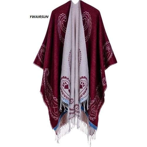 YWAIRSUN Ethnic style shawl imitation cashmere scarf ladies cloak black autumn winter warm fringe cashew flower poncho Plain hot