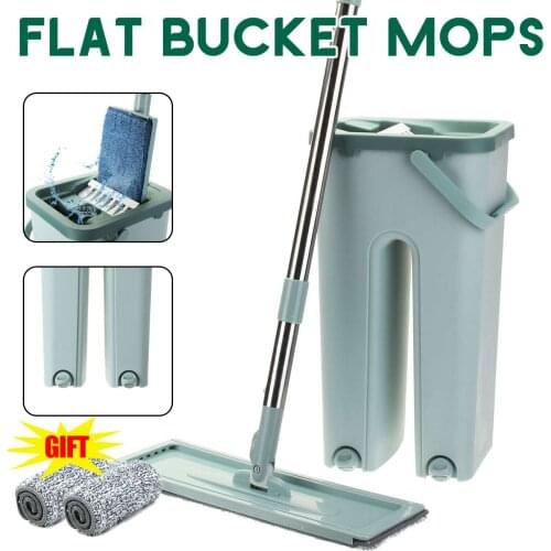 Flat Mop Bucket Hand Free Wringing Floor Cleaning Mop Microfiber Mop Pads Wet & Dry Usage Home Cleaning Squeeze Mop for Wash