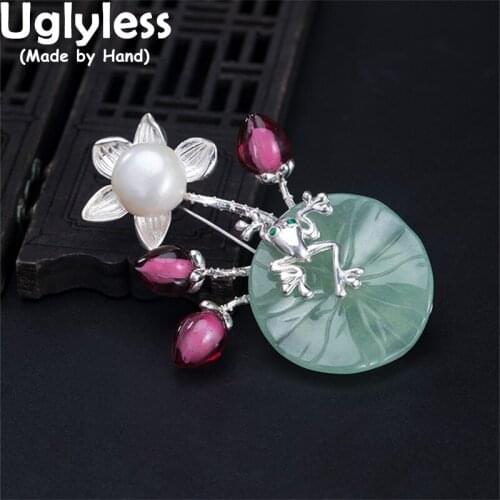 Uglyless Natural Shell Lotus Glass Lotus Bud Brooches for Women Eastern Beauty Elegant Dress Jewelry 925 Silver Pins Brooches