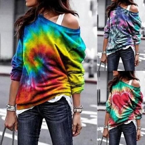 Lady Tie Dye Loose Plus Size Tops Sexy Slash Neck Colorful Heart Shape Pattern Fashion Hoodie 2021 Hot Sales Autumn Clothes