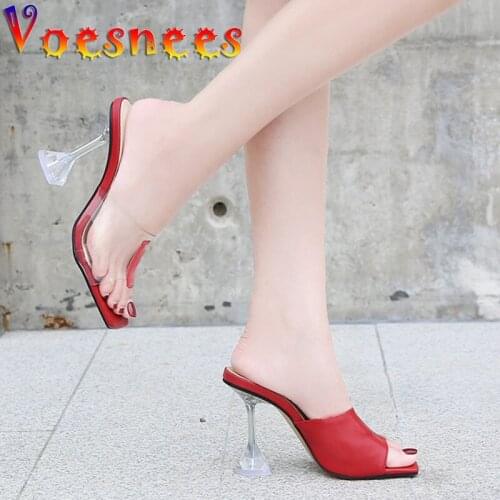 Hot Women Shoes Stilettos Mixed Colors Female Summer New Multicolour Patchwork Sexy Peep Toe Sandals Clear Crystal Cup Slippers