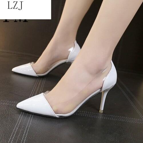 2019 Latest Fashion Women THIN High Heels Luxury Brand Exclusive Leather And PVC Pointed Toe Pumps Dress Shoes 8CM Size 34-39
