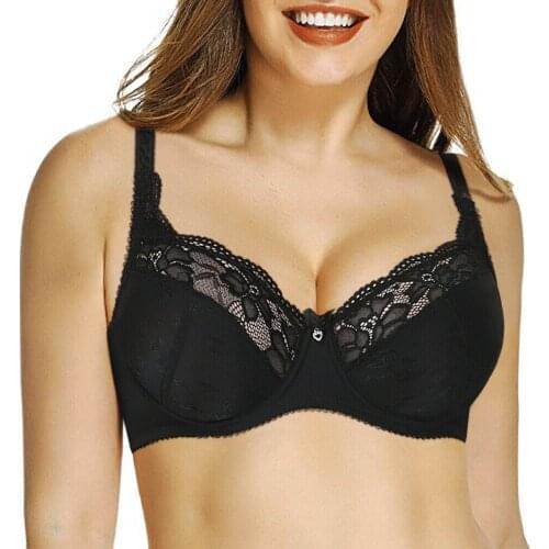 Vgplay New Black Women Bra Plus Size Unlined Underwire Lace Brassiere Hollow Embroidery Floral Underwear