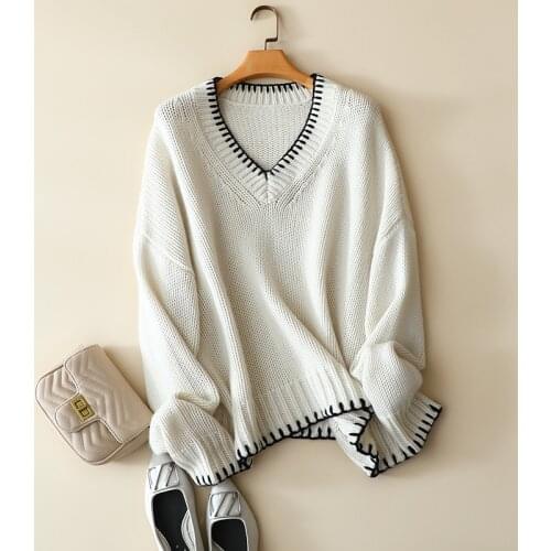 Winter luxury 100% cashmere contrast neck vintage sweater women thick warm pullovers knitted softness oversized ladies jumper